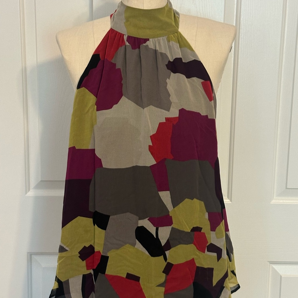 Vibrant Green and Red Halter Graphic Blouse